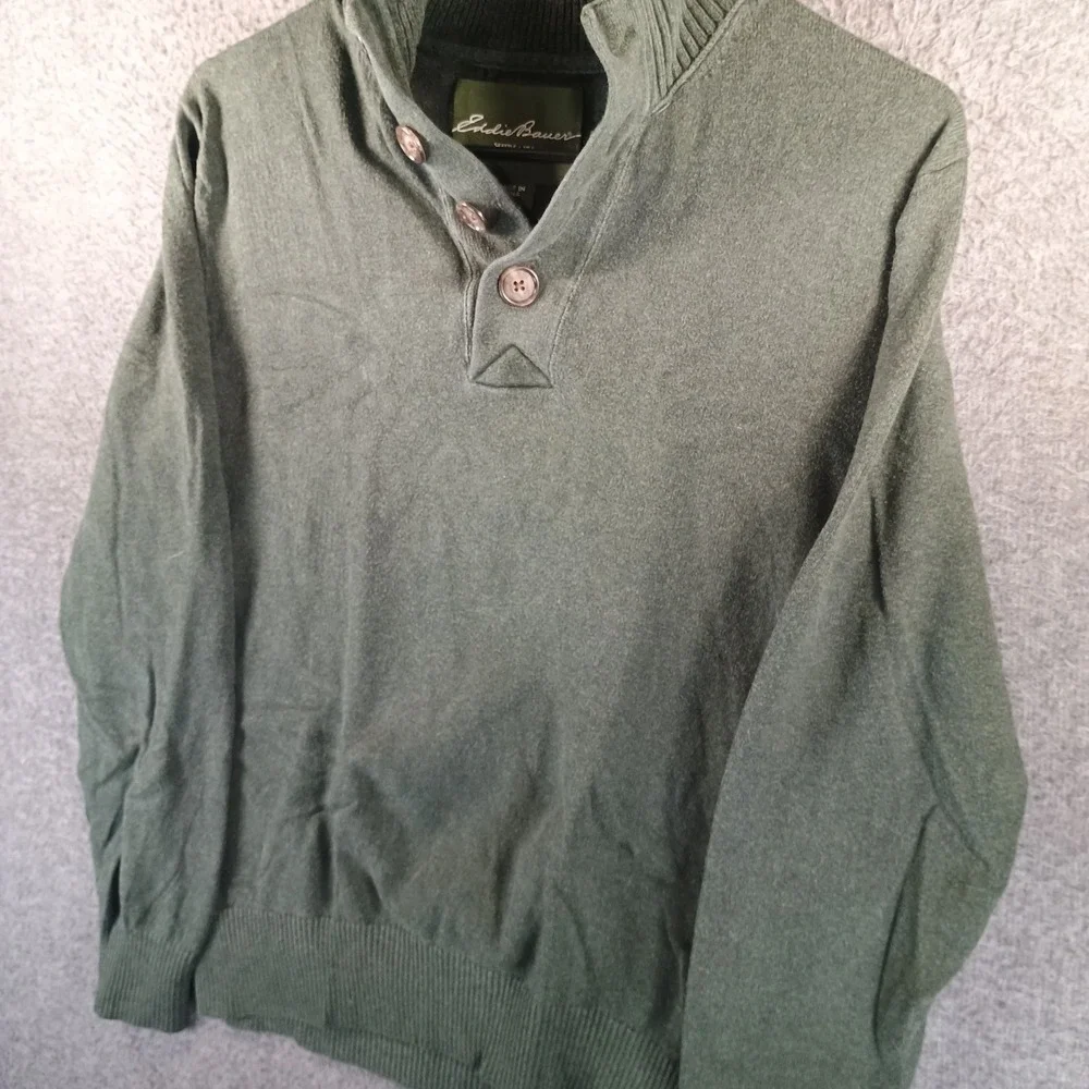 Eddie Bauer Men S 1/4 Button Henley Fisherman Knit Sweater Green Cotton Cashmere